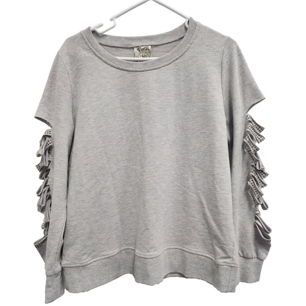 Vocal Womens BOHO Grunge Sweatshirt Small Gray Jeweled‎ Lattice Sleeve Pullover